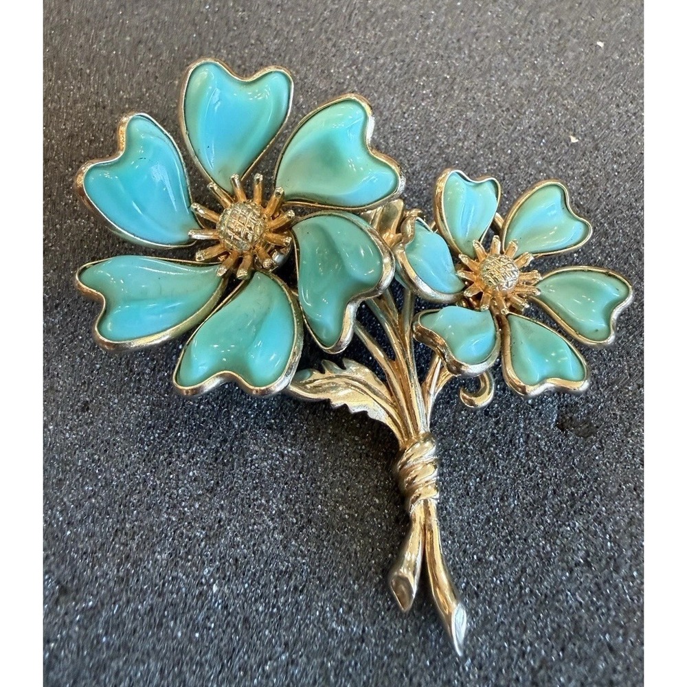 Vintage Barclay Signed Jewelry Turquoise Blue Glass Floral Brooch Large